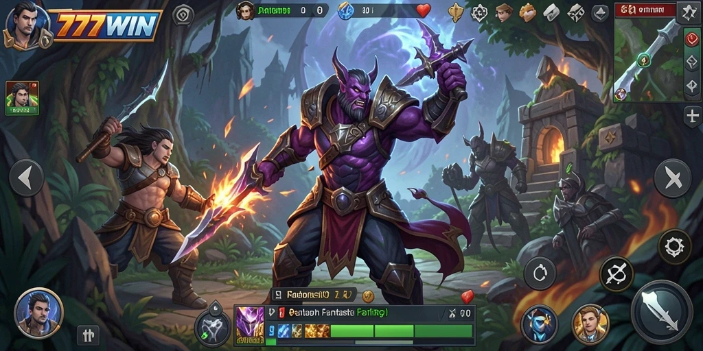 Screenshot gameplay <strong>777WIN</strong> menampilkan pertempuran epik dan eksplorasi dunia yang luas.