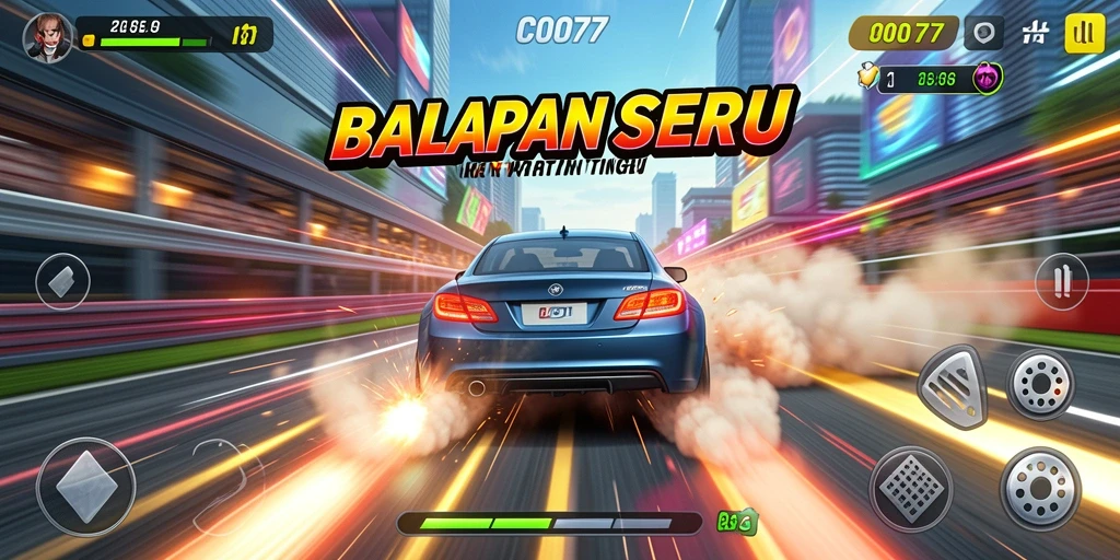 Screenshot gameplay C0077 yang menunjukkan mobil balap dalam aksi.