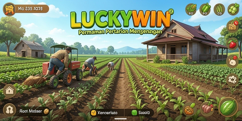 Screenshot utama LUCKYWIN yang menampilkan kebun yang subur dan tanaman yang tumbuh.