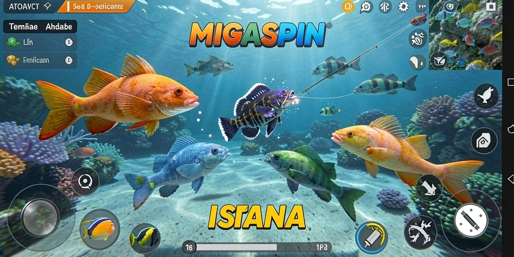 Tangkapan layar utama MIGASPIN menampilkan aksi tembak ikan yang seru.