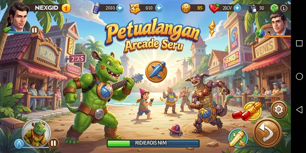 Tampilan seru dari gameplay NEXGID dengan karakter yang berwarna-warni.