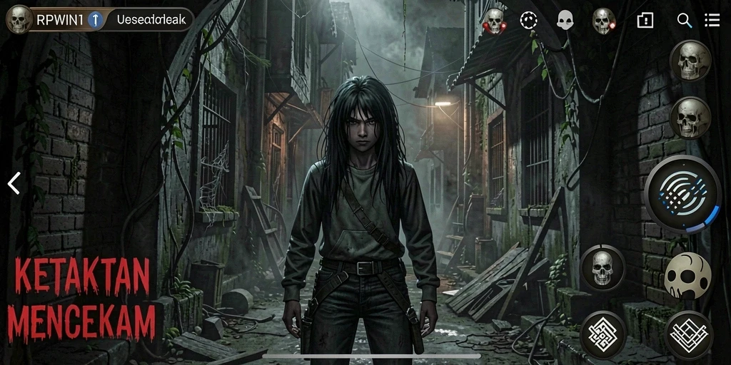 Tampilan gameplay RPWIN1 yang menegangkan dengan suasana horror yang mendalam.